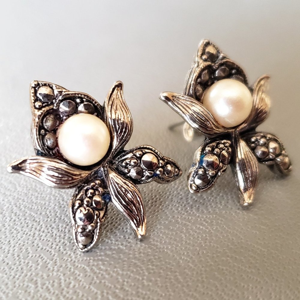 RARE Romantic Blossom Orchid Pierced Earrings with Pearl & Marcasite Signed AVON
